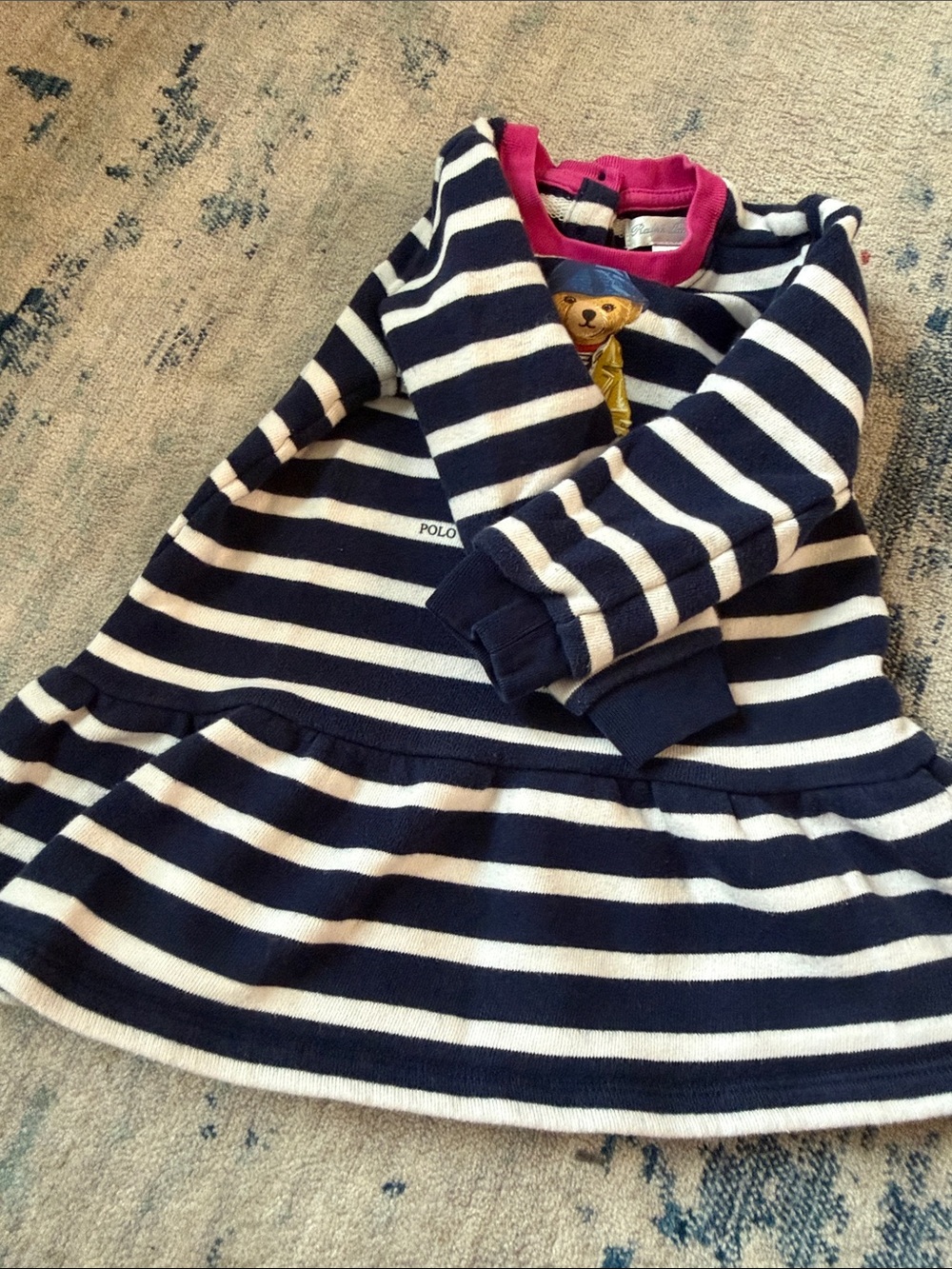 Polo by Ralph Lauren Navy & White Striped Bear Pullover Dress with Pink Trim - Picture 6 of 7